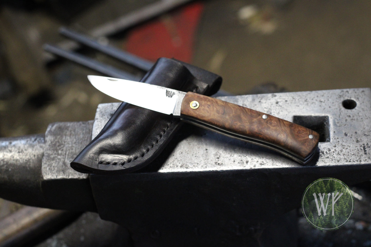 [RESERVED FOR TEWAZA1] Hand-forged slipjoint folding knife with Rib-fruited Mallee burl scales & leather sheath