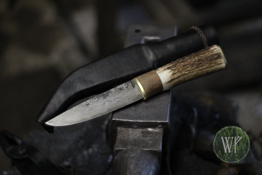 Hand Forged Viking style large puukko with fire-welded wrought iron & steel blade. Bushcraft/hunting knife with brass, oak burr and stag handle