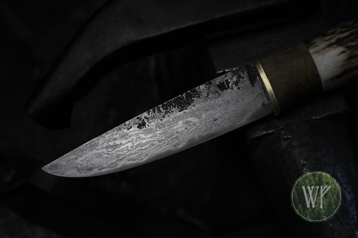 Hand Forged Viking style large puukko with fire-welded wrought iron & steel blade. Bushcraft/hunting knife with brass, oak burr and stag handle