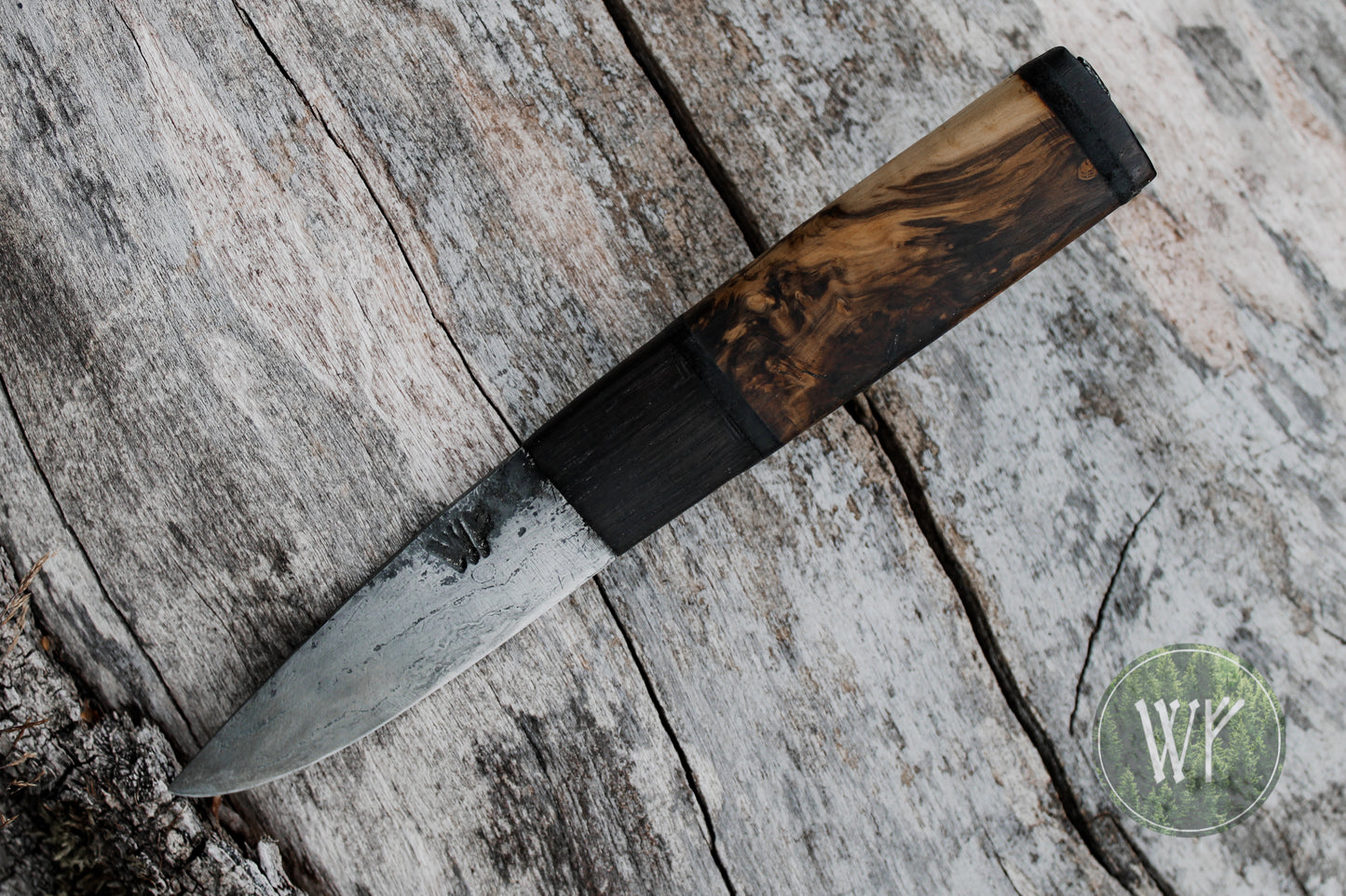 Viking Knife with Ancient Bog Oak and English Boxwood Burr handle.