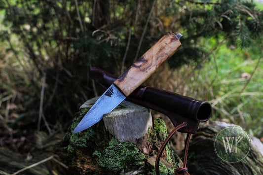 Hand-forged Small Viking Knife with laminated iron & steel blade and Birch Burr handle