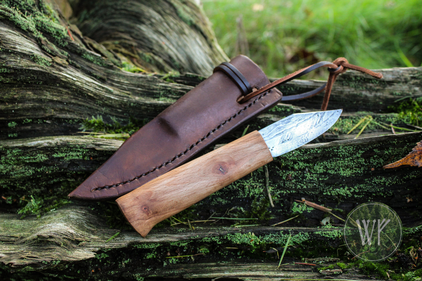 Small Pattern-Welded Bloomery Steel Viking Seax with Spalted Beech handle & leather sheath