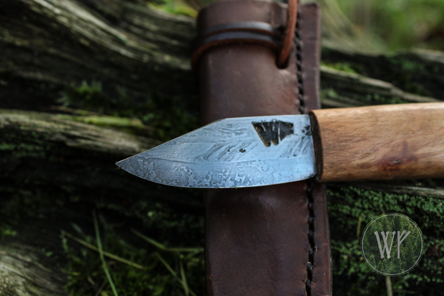 Small Pattern-Welded Bloomery Steel Viking Seax with Spalted Beech handle & leather sheath