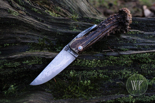[RESERVED FOR ERNEST] Hand-forged Viking friction folder / Scottish Roe Deer Antler Handle / Wrought Iron & Steel San Mai Blade / UK Legal Pocket Knife