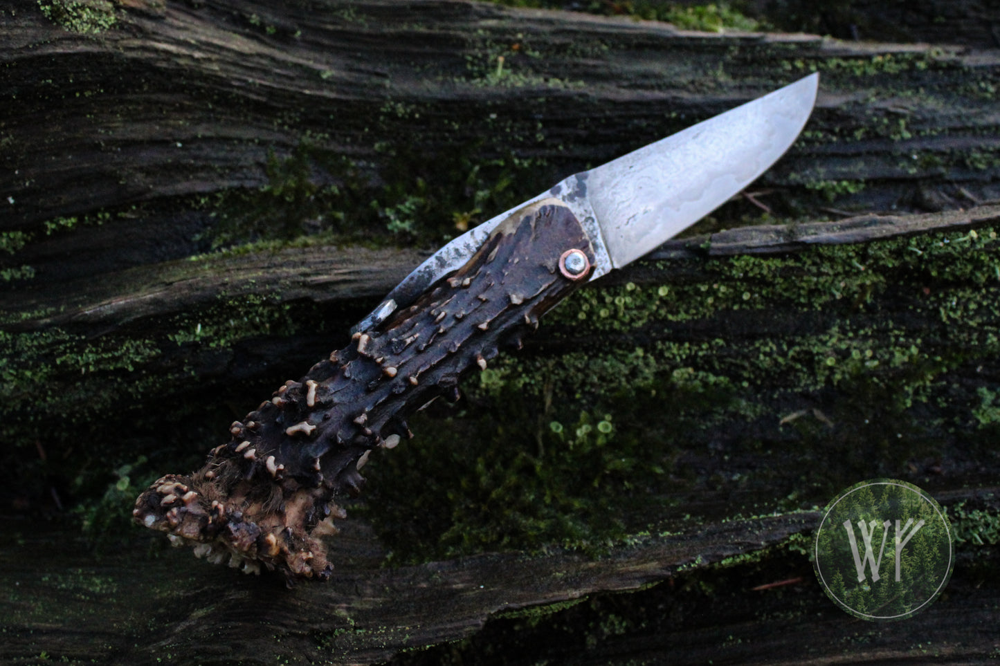 [RESERVED FOR ERNEST] Hand-forged Viking friction folder / Scottish Roe Deer Antler Handle / Wrought Iron & Steel San Mai Blade / UK Legal Pocket Knife