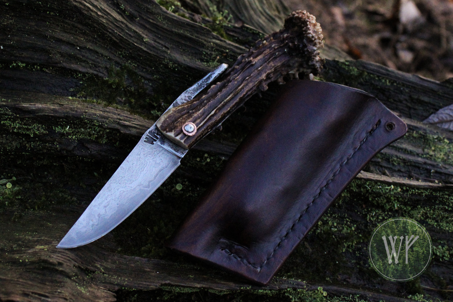 [RESERVED FOR ERNEST] Hand-forged Viking friction folder / Scottish Roe Deer Antler Handle / Wrought Iron & Steel San Mai Blade / UK Legal Pocket Knife