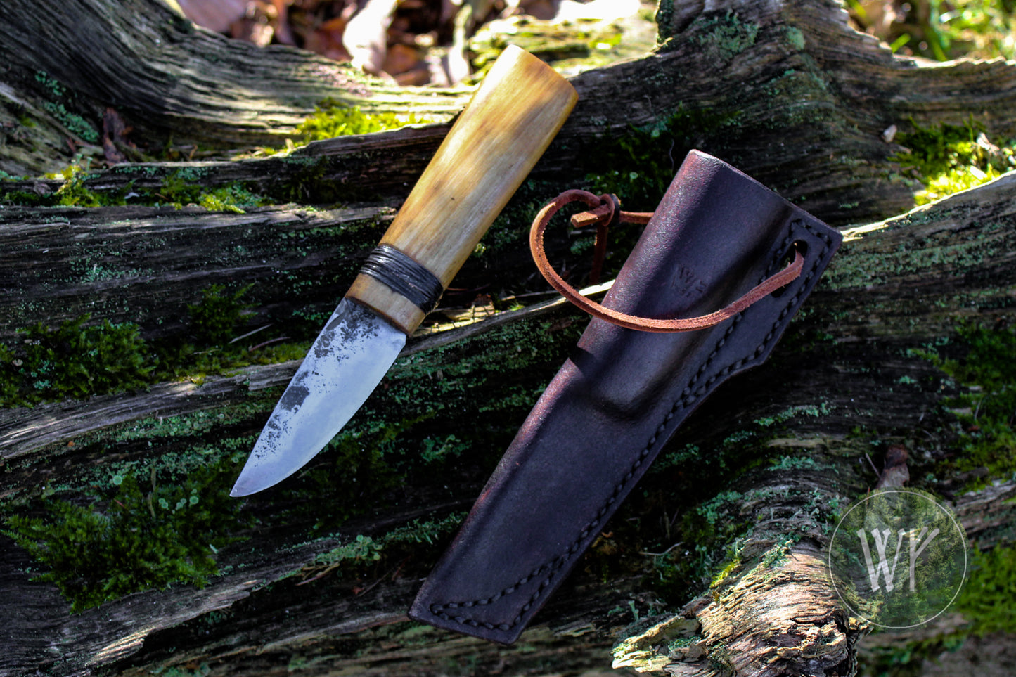 Small hand-forged Yakut Knife with Birch Handle and Leather Sheath