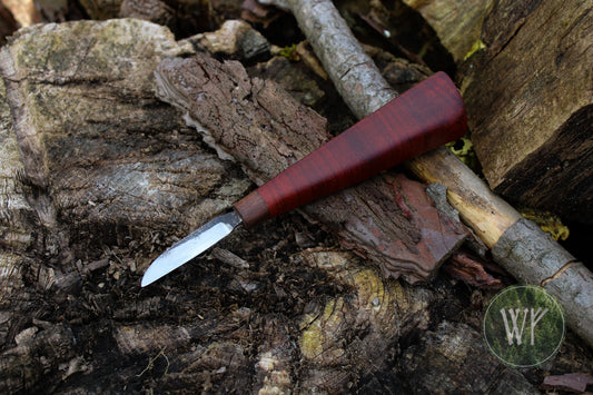 Small hand-forged detail woodcarving knife with Mahogany and Rosewood handle