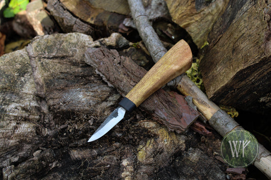 Hand-forged detail woodcarving knife with African Blackwood and Lacewood handle