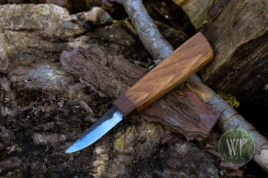 Hand-forged woodcarving knife with Walnut and White Oak handle