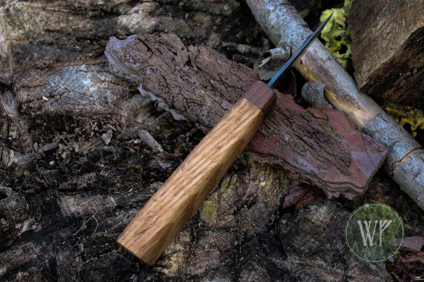 Hand-forged woodcarving knife with Walnut and White Oak handle