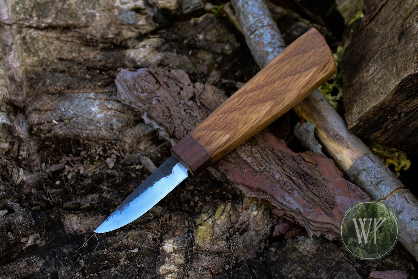 Hand-forged woodcarving knife with Walnut and White Oak handle