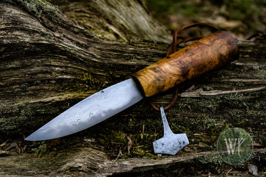 [RESERVED FOR NORTHERN TEXTILES] Reproduction of Trollsteinhøe Reindeer Hunter Knife / Iron Age Scandinavian Knife / Spalted Birch Burr Handle / Laminated wrought iron & steel blade